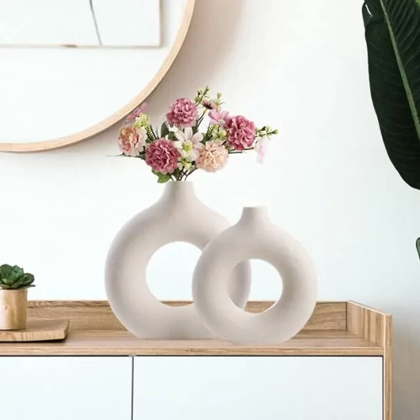 White Vase/Flower Vase/Pampas Grass Vase/Ceramic Vase/Round Shaped Vase/Home Decor Centrepiece/Decor Showpiece Donut Vase