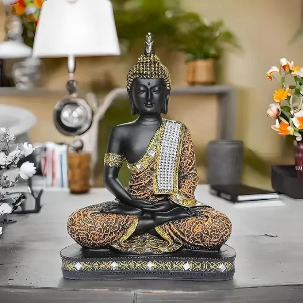 Global Grabbers new 25 centimetre Meditating sitting Buddha statue showpiece idol home decor items for living room and gifts (1, Orange Black) - Image 4