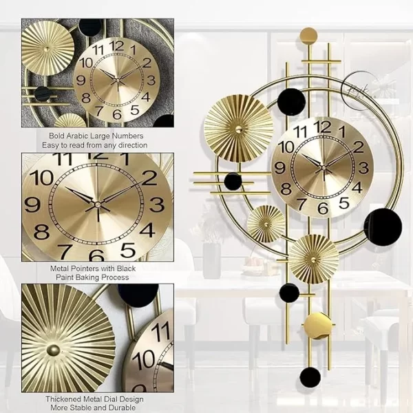 Rizik Store Metal Wall Hanging Floral Handmade Wall Clock Multicolor Ticking Sound For Bedroom/Drawing Room/Hall/Dining Room (Gold & Black) - Analog, 23.22 X 1.49 Inch - Image 3